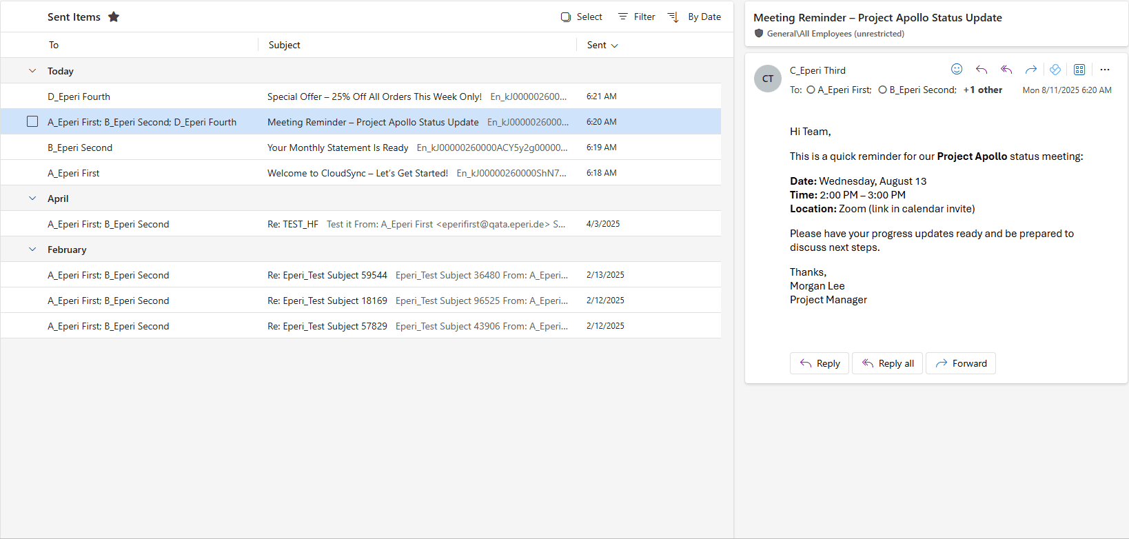 Microsoft 365 Outlook-Mailbox mit lesbaren Betreff-Zeilen und E-Mail-Inhalten
