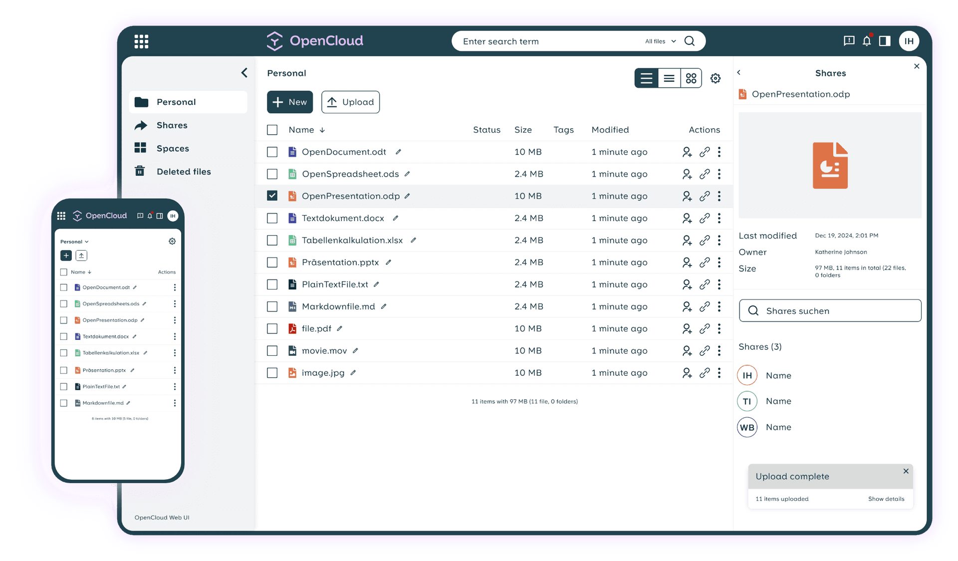 OpenCloud Filesharing-Oberfläche auf Desktop und Mobile
