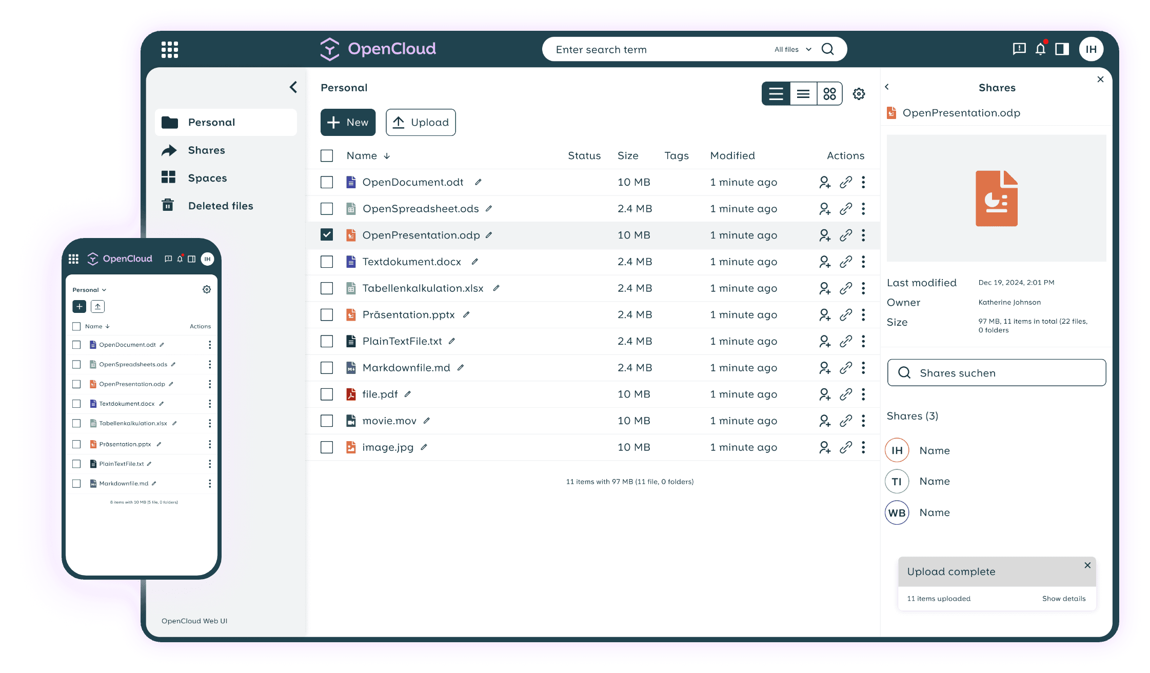 OpenCloud Filesharing-Oberfläche auf Desktop und Mobile